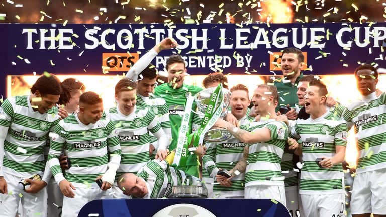 Celtic show off Scottish League Cup trophy after victory over Dundee United at Hampden 