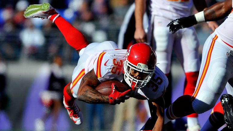  Charcandrick West #35 of the Kansas City Chiefs runs the ball during the game against the Baltimore Ravens at M&T Bank Stadiu