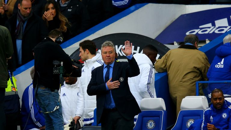 Chelsea interim manager Guus Hiddink waves to the crowd ahead of his first game in charge during his second spell at the club