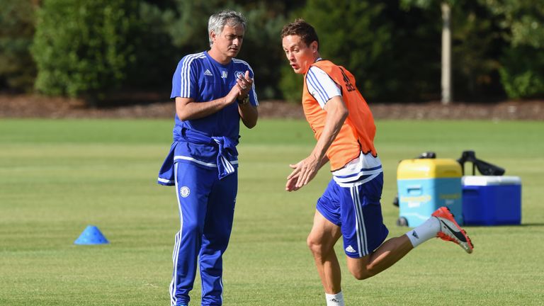 Chelsea's Jose Mourinho, Nemanja Matic during a training session at the Cobham Training Ground 