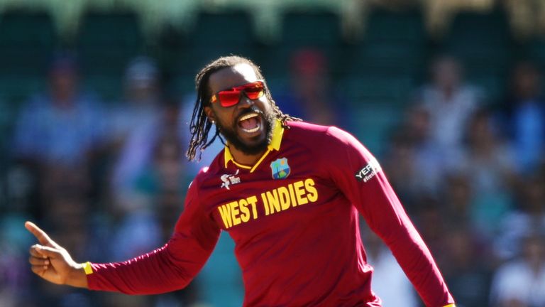 SYDNEY, AUSTRALIA - FEBRUARY 27:  Chris Gayle of West Indies celebrates taking the wicket of FHashim Amla of South Africa during the 2015 ICC Cricket World