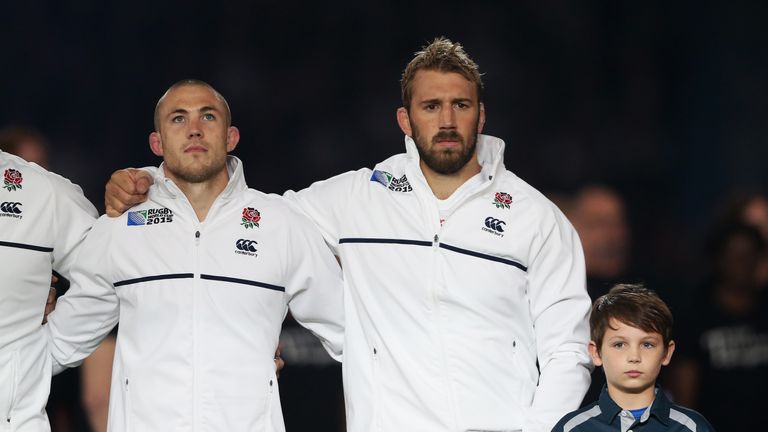 Chris Robshaw (R) and Mike Brown of England during the National Anthems before the 2015 Rugby World Cup Pool A match against Australia