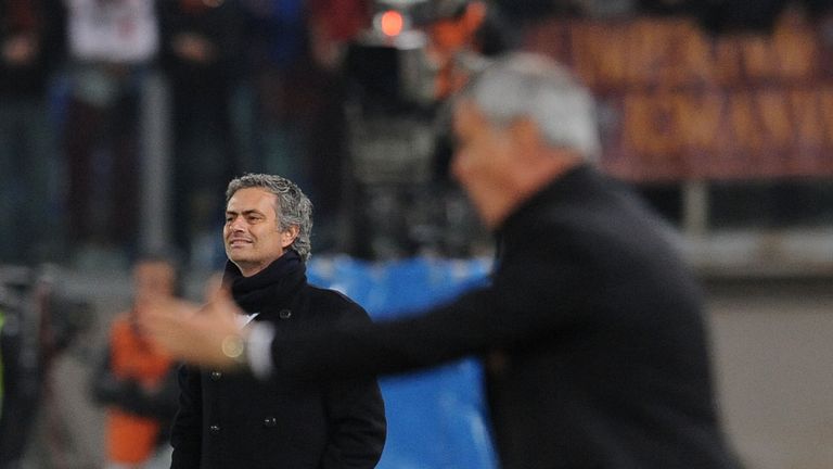 Jose Mourinho and Claudio Ranieri during the Serie A match against AS Roma and Inter Milan at Stadio Olimpico on March 2010