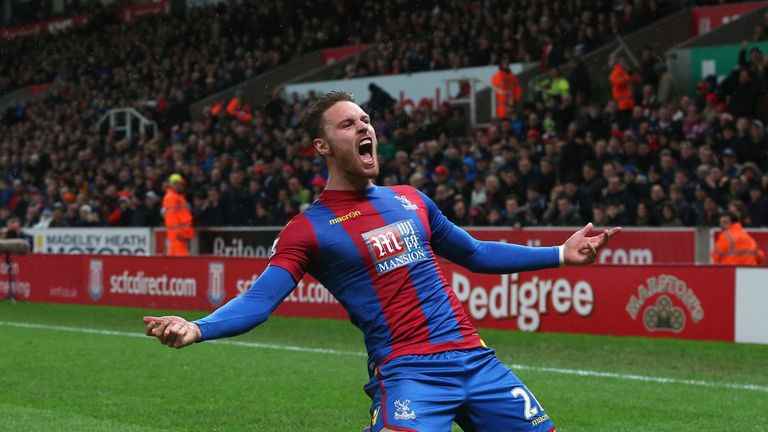 Connor Wickham of Crystal Palace celebrates scoring his team's first goal  against Stoke