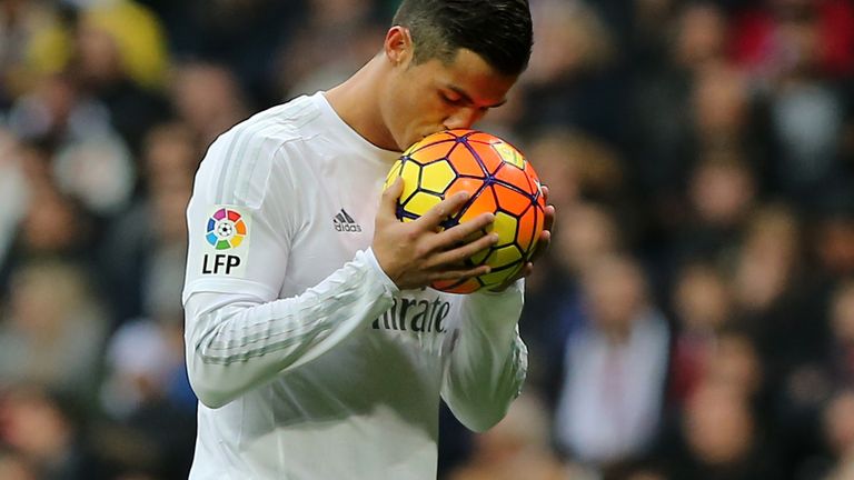 Cristiano Ronaldo kisses the ball before taking a penalty 