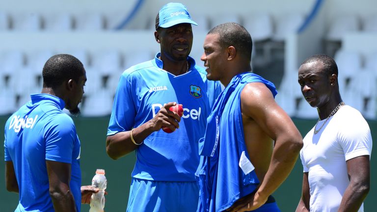 Curtly Ambrose (2L) has been coaching the West Indies bowlers 