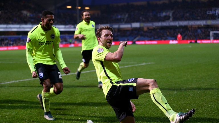 Dale Stephens of Brighton celebrates scoring his team's first goal 