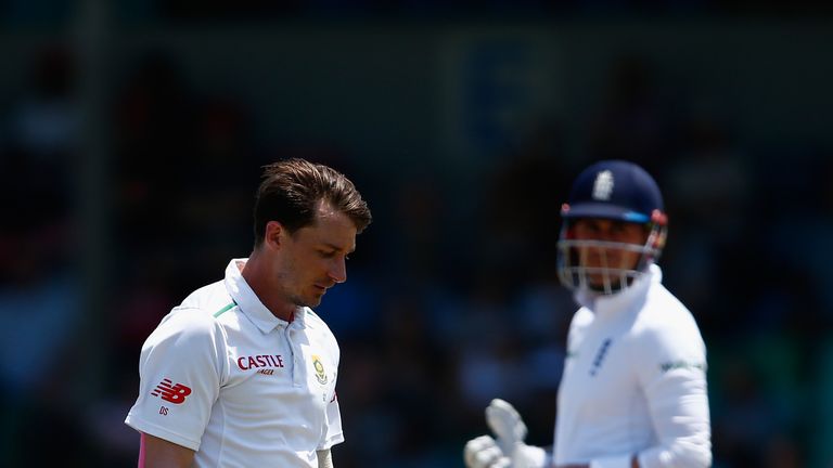 DURBAN, SOUTH AFRICA - DECEMBER 28:  Dale Steyn of South Africa stops mid over to receive treatment during day three of the 1st Test between South Africa a