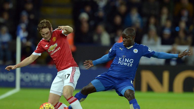 Manchester United's Dutch midfielder Daley Blind (L) vies with Leicester City's French midfielder N'Golo Kante
