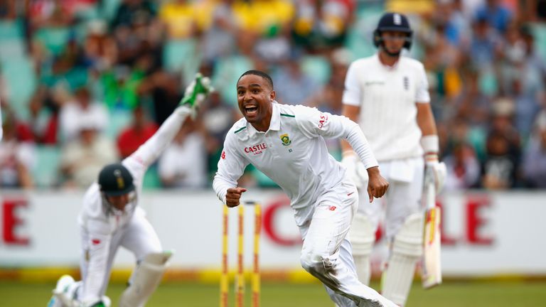 Dane Piedt of South Africa celebrates lbw for Joe Root of England during day one of the 1st Test v South Africa 