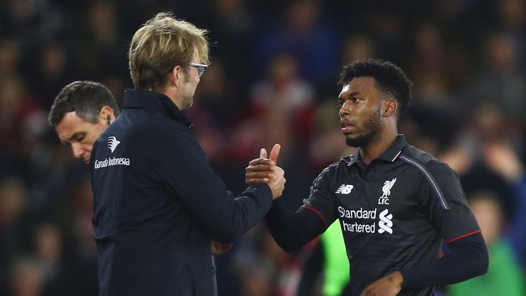 Daniel Sturridge shakes hands with Jurgen Klopp