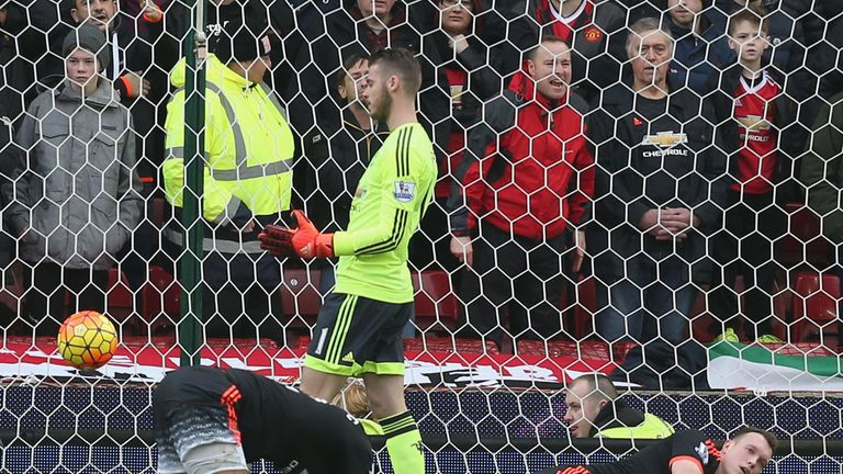 David de Gea, Chris Smalling and Phil Jones react to Marko Arnautovic scoring during match between Stoke and Man Utd at Britannia Stadium, December 26 