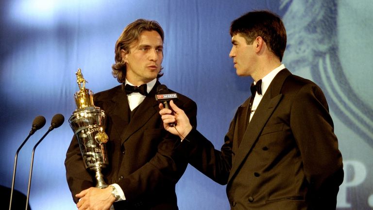 David Ginola is presented with the 1998/99 PFA Player of the Year award