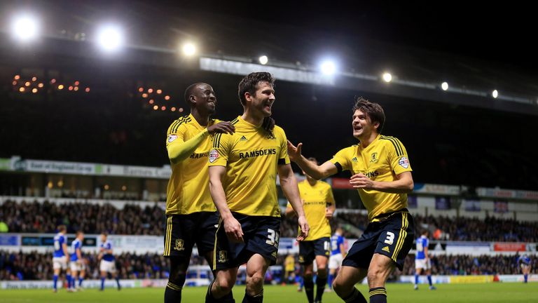 David Nugent of Middlesbrough celebrates scoring his team's second goal against Ipswich