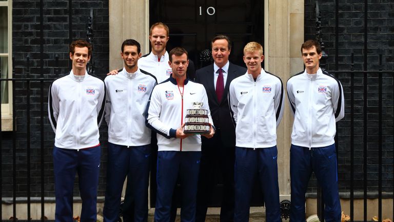 The Davis Cup Great Britain Team (from L-R) Andy Murray, James Ward, Dom Inglot, Captain Leon Smith, Kyle Edmund and Jamie Murray, with PM David Cameron