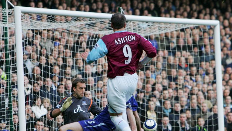 Dean Ashton of West Ham United beats Sander Westerveld of Everton to score their second goal during the Premier League match at Upton Park in 2006