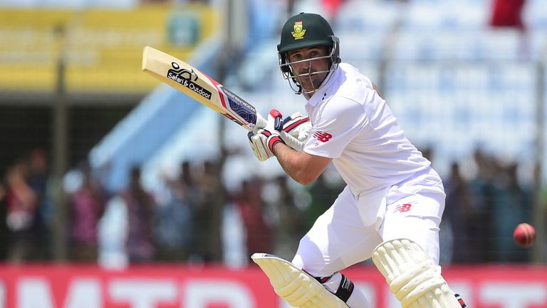 South African cricketer Dean Elgar plays a shot during the first day of the first Test match between Bangladesh and 