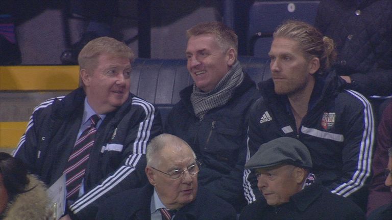 Brentford head coach Dean Smith (right) and co-sporting director Rasmus Ankersen (left) watched the draw at Bolton on Monday