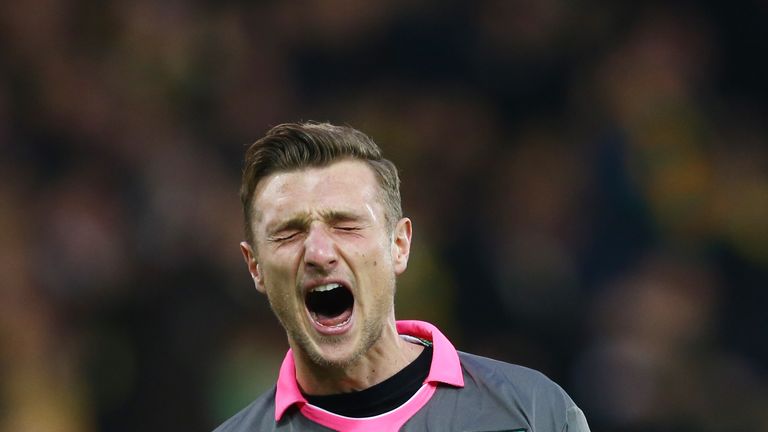  Declan Rudd of Norwich City celebrates his team's first goal against Aston Villa