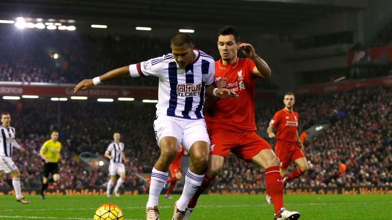 Liverpool's Dejan Lovren and West Bromwich Albion's Jose Salomon Rondon (left) battle for the ball during the Barclays Premier League match at Anfield