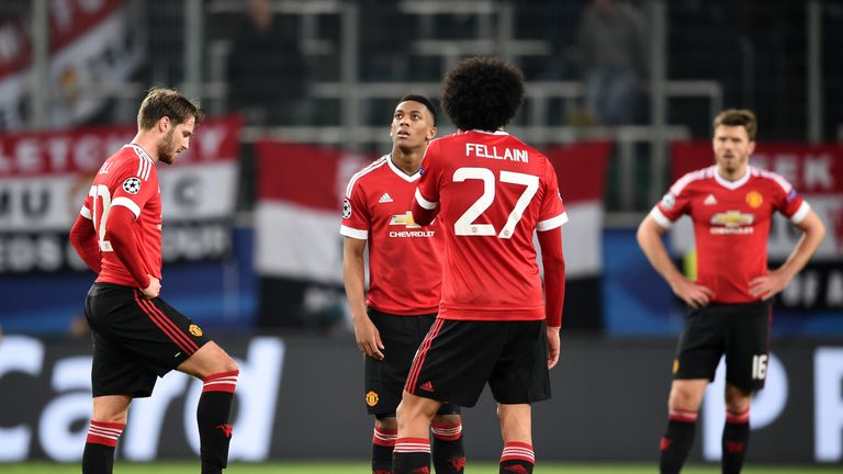 Dejected Manchester United players look on after conceding a third goal v Wolfsburg, Champions League