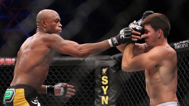 Brazil's Anderson Silva (L) attacks his compatriot Demian Maia during their Ultimate Fighting Championship (UFC) 112 middleweight bout in Abu Dhabi on Apri