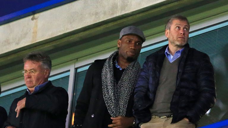 Didier Drogba (centre) and club owner Roman Abramovich (right) at the final whistle, Chelsea v Sunderland, Premier League