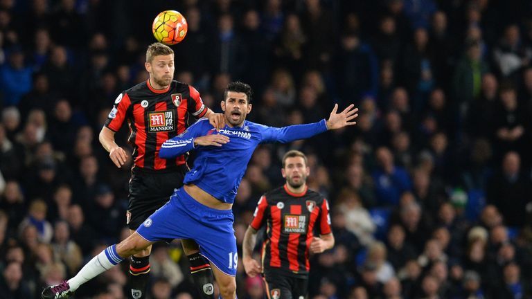 Diego Costa jumps for a header with Simon Francis