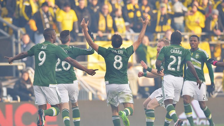 Diego Valeri #8 of the Portland Timbers celebrates after scoring within the first minute of the first half against the Columbus