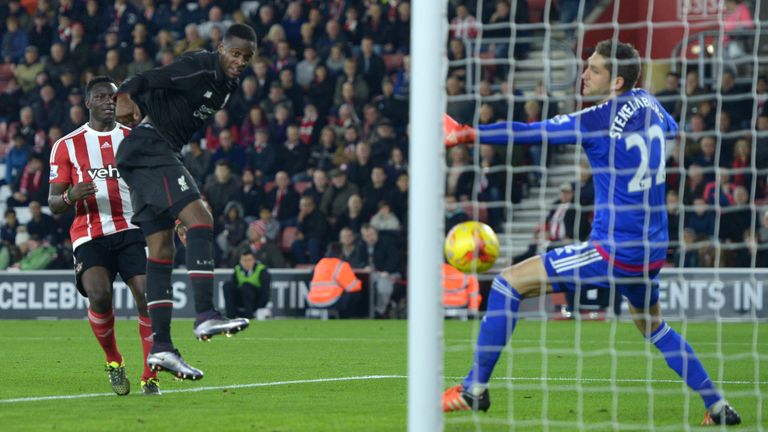 Divock Origi scores Liverpool's sixth goal of the game during the Capital One Cup quarter-final at Southampton