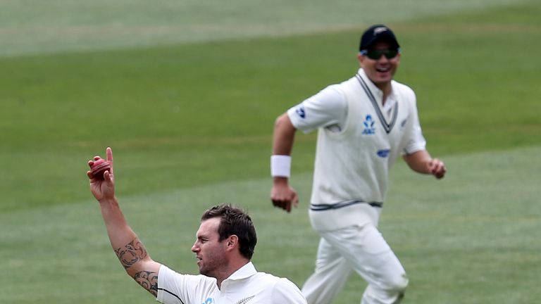 DUNEDIN, NEW ZEALAND - DECEMBER 14: Doug Bracewell of New Zealand celebrates taking the wicket of Suranga Lakmal of Sri Lanka