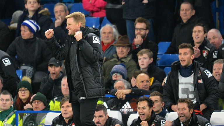 Bournemouth manager Eddie Howe celebrates winning after the English Premier League football match between Chelsea and Bournemouth at Stamford Bridge