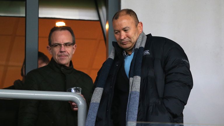 Eddie Jones looks on during the Premiership match between Newcastle  and Saracens