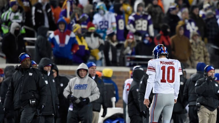 Eli Manning was picked off for three interceptions during the Giants' defeat at Minnesota