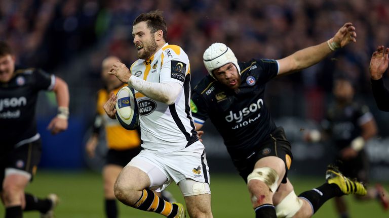 Wasps' Elliot Daly runs in their first try during the European Champions Cup match at the Recreation Ground, Bath