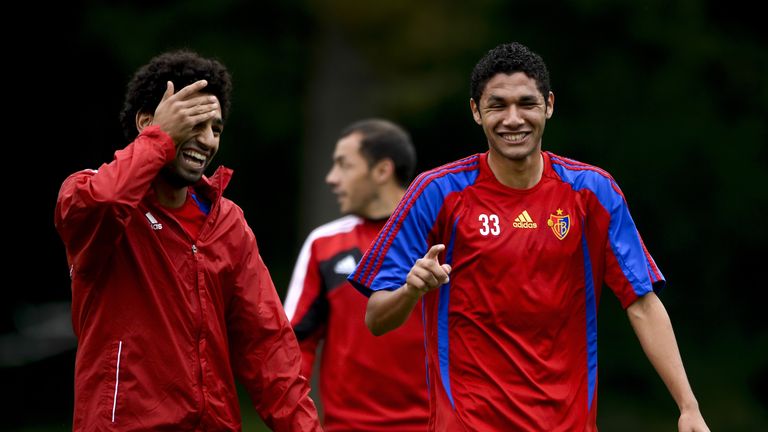Elneny (right) shares a joke with Mohamed Salah during their time at Basel