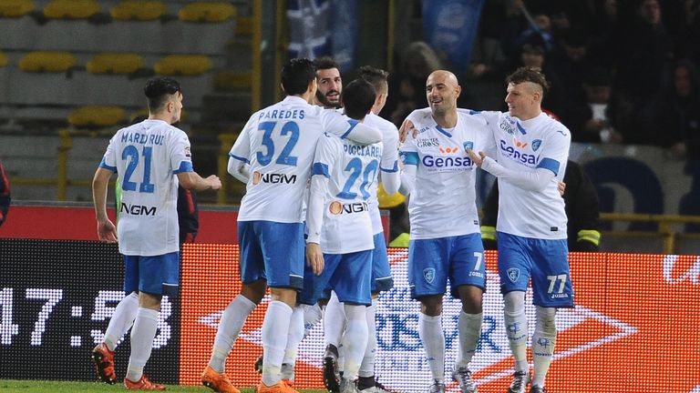 Empoli celebrate their third goal against Bologna