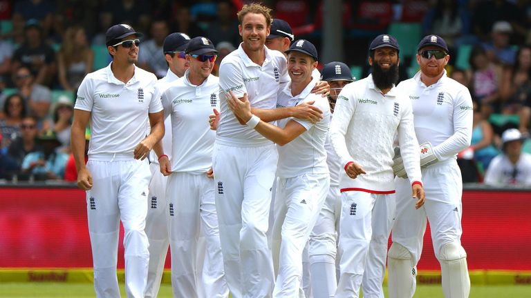 DURBAN, SOUTH AFRICA - DECEMBER 27:  Stuart Broad and James Taylor celebrate