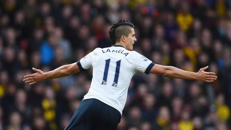 Erik Lamela celebrates scoring Tottenham's opening goal against Watford