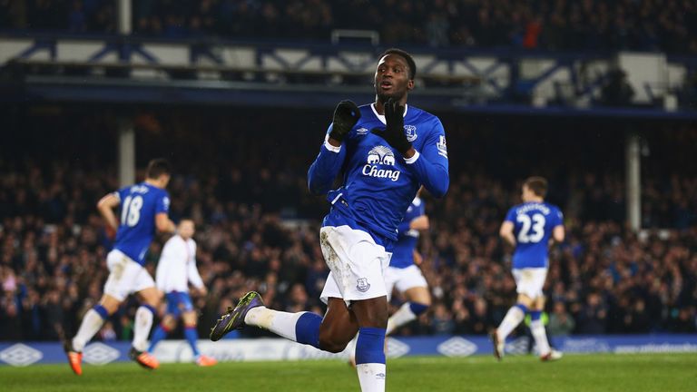 Romelu Lukaku of Everton celebrates scoring the equalising goal during the Barclays Premier League match v Crystal Palace at Goodison Park