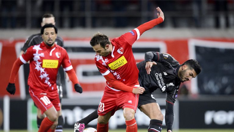 Sion's Swiss defender Elsad Zverotic challenges with Emre Can of Liverpool