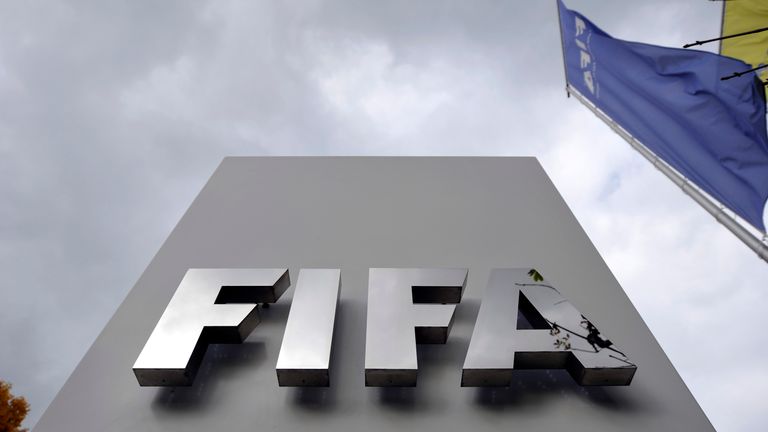 A FIFA logo next to the entrance at the FIFA headquarters on October 9, 2015 in Zurich, Switzerland.