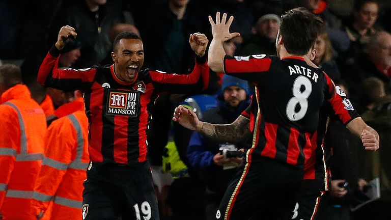 Bournemouth midfielder Junior Stanislas (left) celebrates scoring against Manchester United