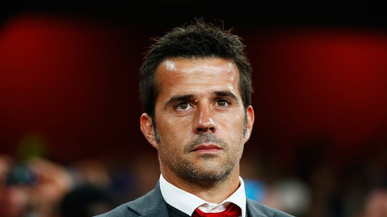 Marco Silva, coach of Olympiakos looks on during the Champions League Group F match at Arsenal