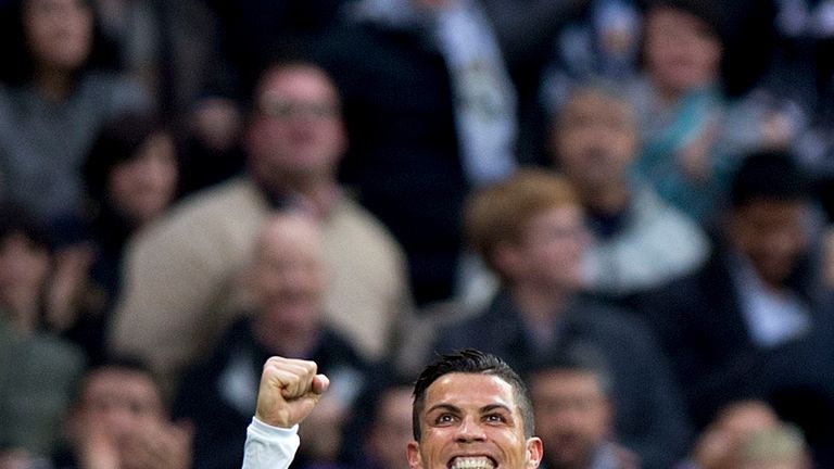 Cristiano Ronaldo of Real Madrid celebrates scoring their second goal during the La Liga match against Real Sociedad