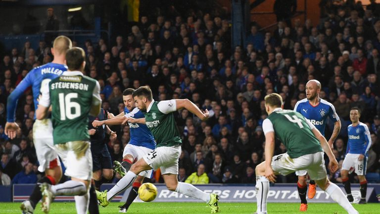 Jason Holt makes it 2-1 for Rangers with a deflected effort which wrong-footed Hibs keeper mark Oxley