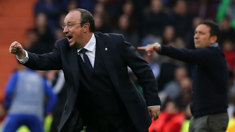 Real Madrid's coach Rafael Benitez gestures on the sideline against Real Sociedad