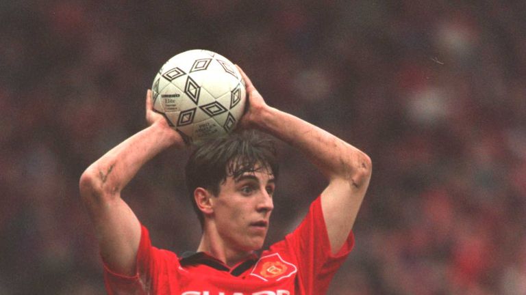Gary Neville in action for Manchester United against Aston Villa in February 1995