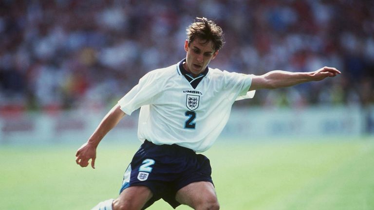 Gary Neville in action for England against Scotland at Wembley during Euro '96 