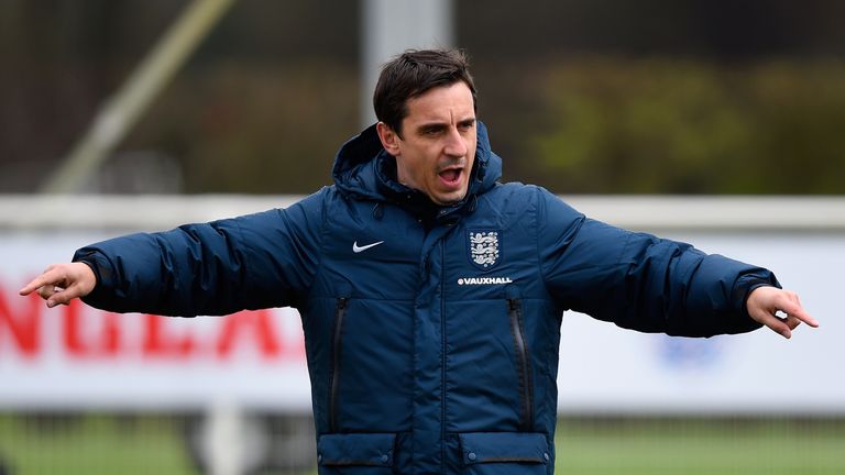 First Team Coach Gary Neville gestures during an England training session ahead of the Euro 2016 qualifier against Lithuania at Enfield Training Centre